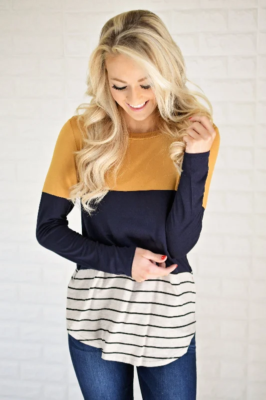 Catch Every Fashion Trend Long Sleeve Colorblock Top ~ Mustard & Navy
