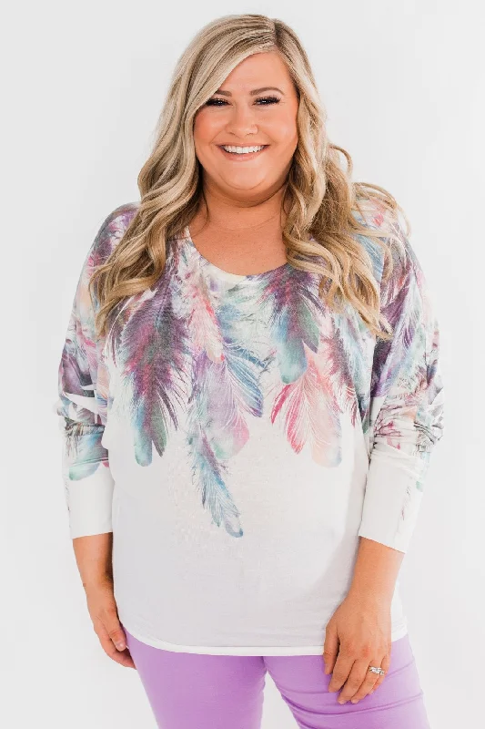 Treat Yourself To Amazing Discounts *2nds* Colorful Feather Dolman Sleeve Top- Ivory