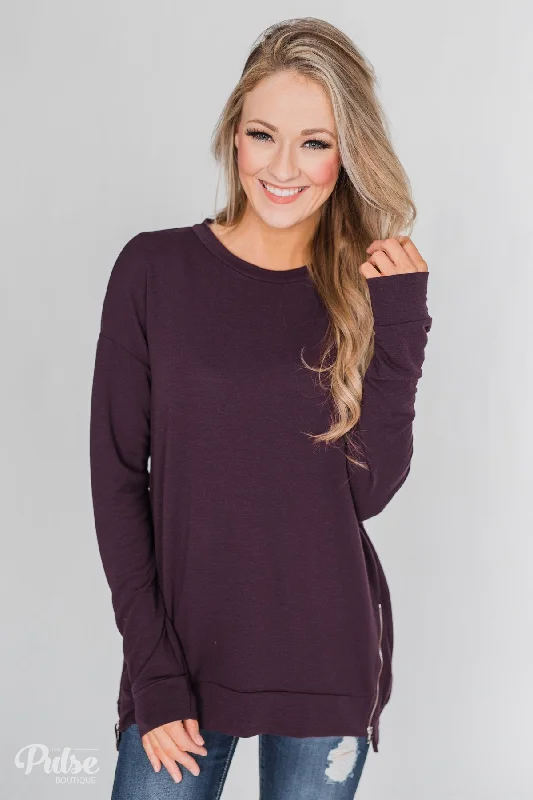 Fresh Fashion Discounts Impress Me Long Sleeve Zipper Top- Eggplant