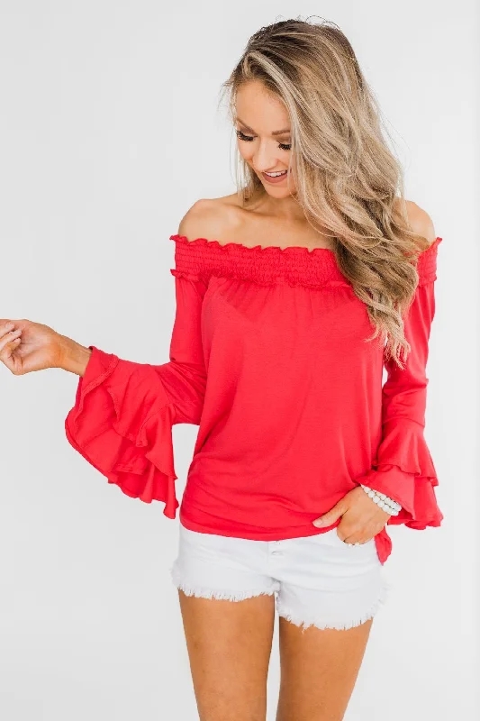 Fashion Sale Everlasting Love Off The Shoulder Ruffle Top- Dark Strawberry