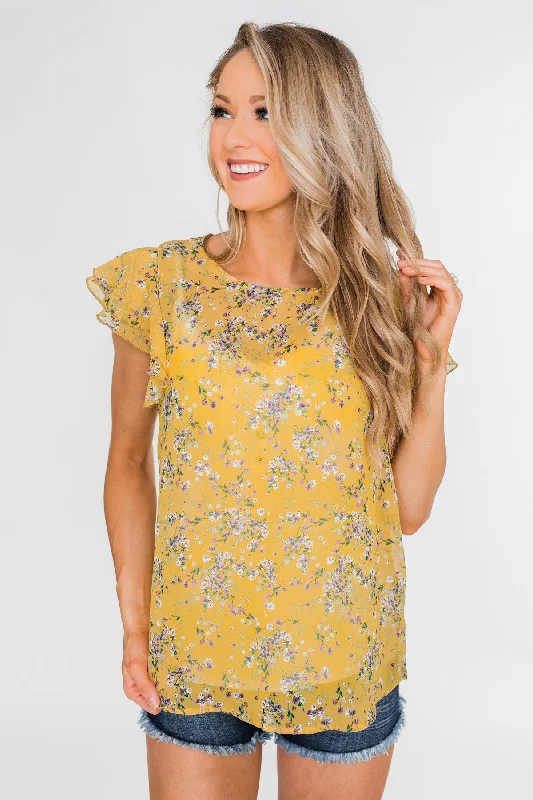 Polished Style Deals In Perfect Harmony Floral Ruffle Sleeve Top- Yellow