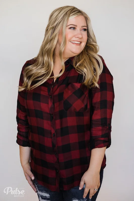 Chic And Edgy Casual Buffalo Plaid Button Up Top- Deep Red