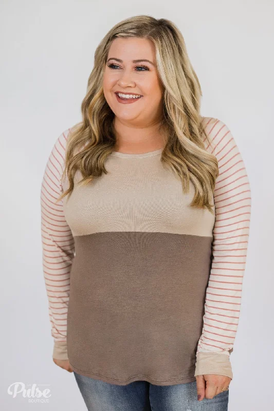 Big Savings On Must-Have Items Color Block Striped Sleeve Top- Mocha