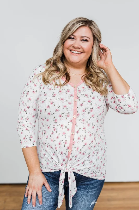 Modern Chic Discounts Everything To Me Floral Knit 3/4 Sleeve Top- Ivory