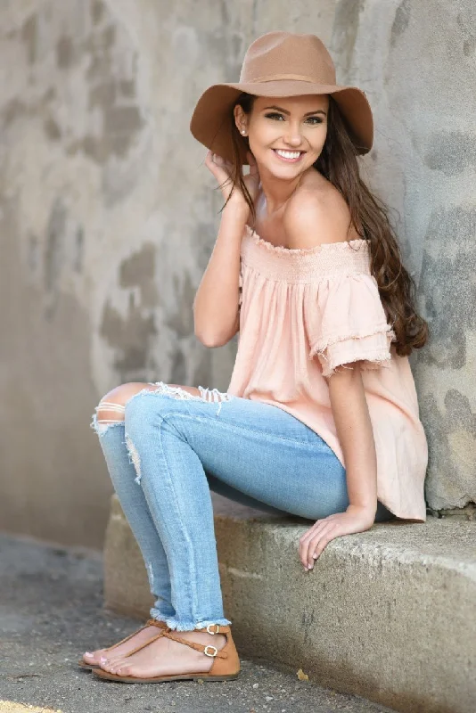 Modern Chic Discounts Peach Off The Shoulder Ruffle Top