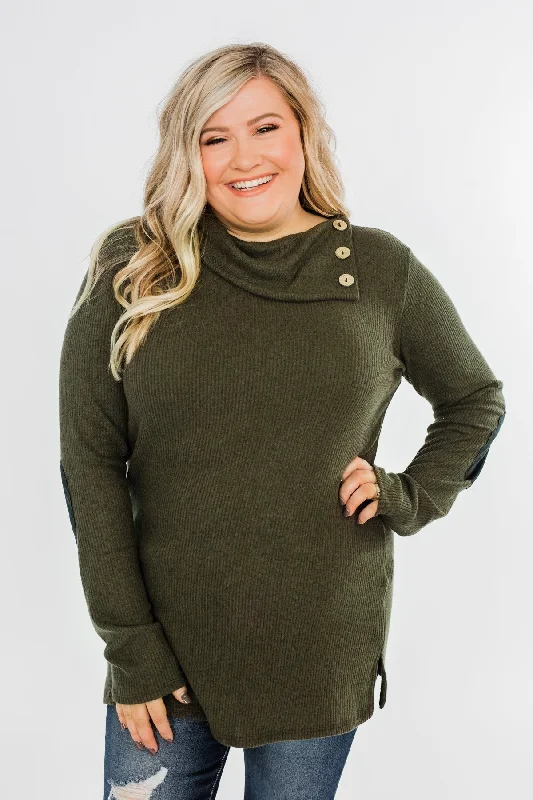 Laid-Back Fashion Offers Moments Like This Knit Button Top- Dark Olive