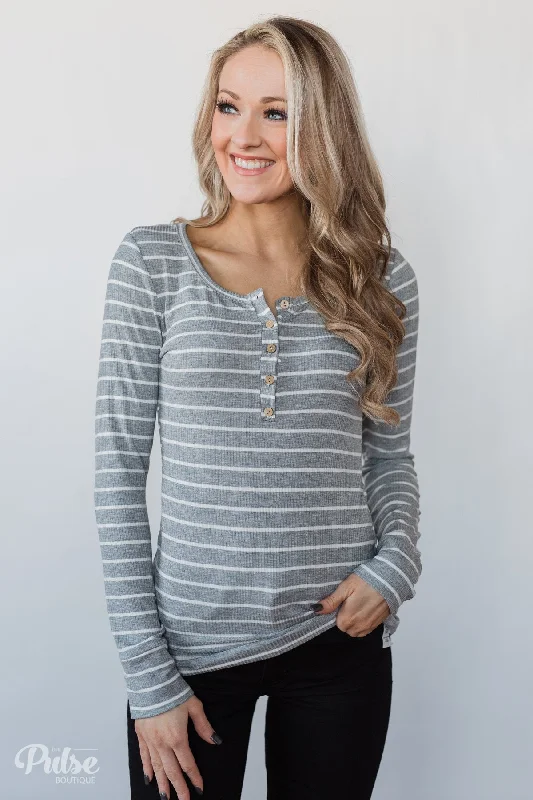 Limited Stock – Get Yours Before It's Gone Need You Now 5-Button Henley Top- Grey Striped