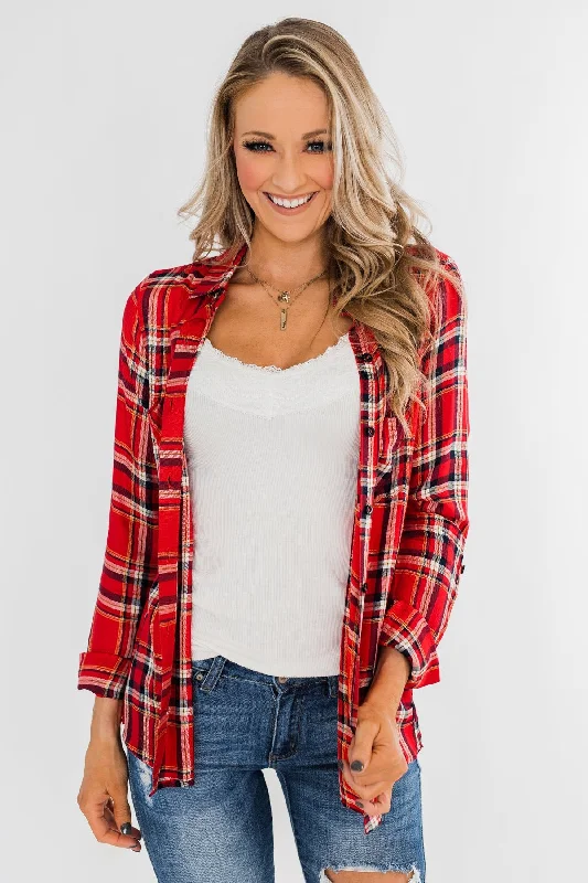 Sophisticated Style Offers Hello Flannel Button Up Top- Red, Yellow, & Navy