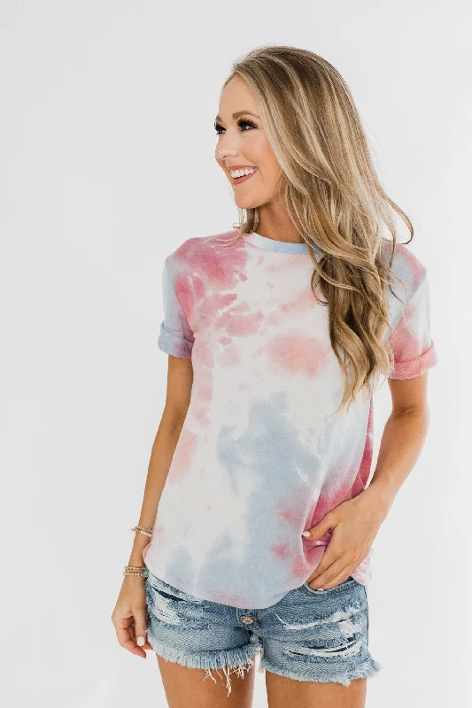 Limited Time Offers Cuffed Sleeve Tie Dye Top- White, Blue, Peachy Pink