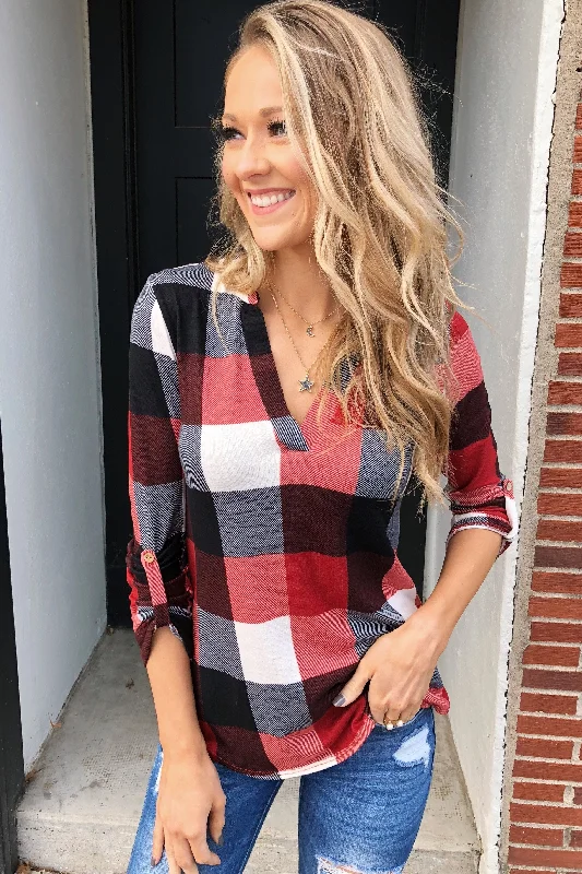 Boutique Styles Sincerely Me Plaid V-Neck Top- Red