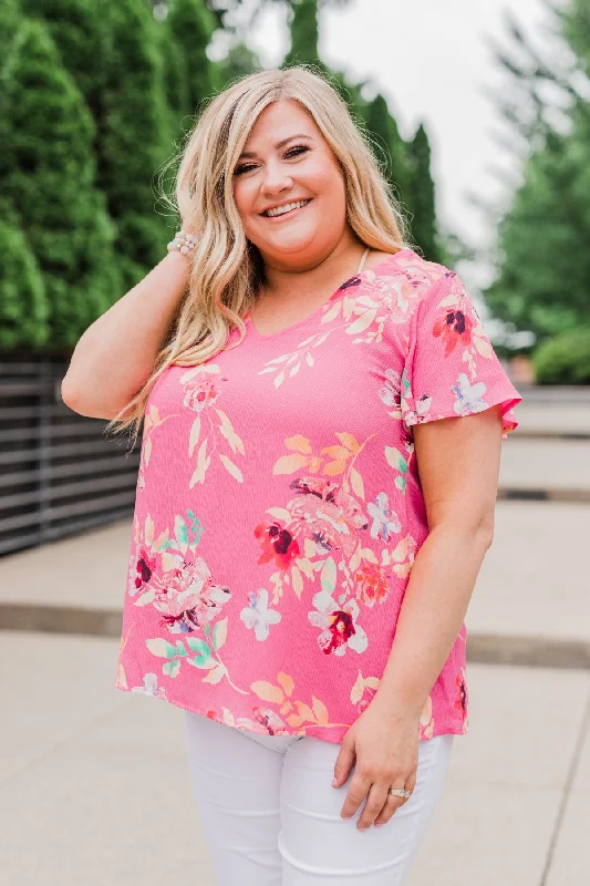 Holiday Attire Sale Lovely Lady Floral Short Sleeve Top- Pink