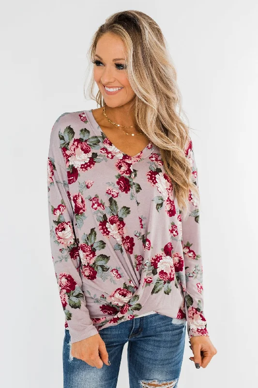 Hot Deals Long Sleeve Floral Wrap Top- Mauve
