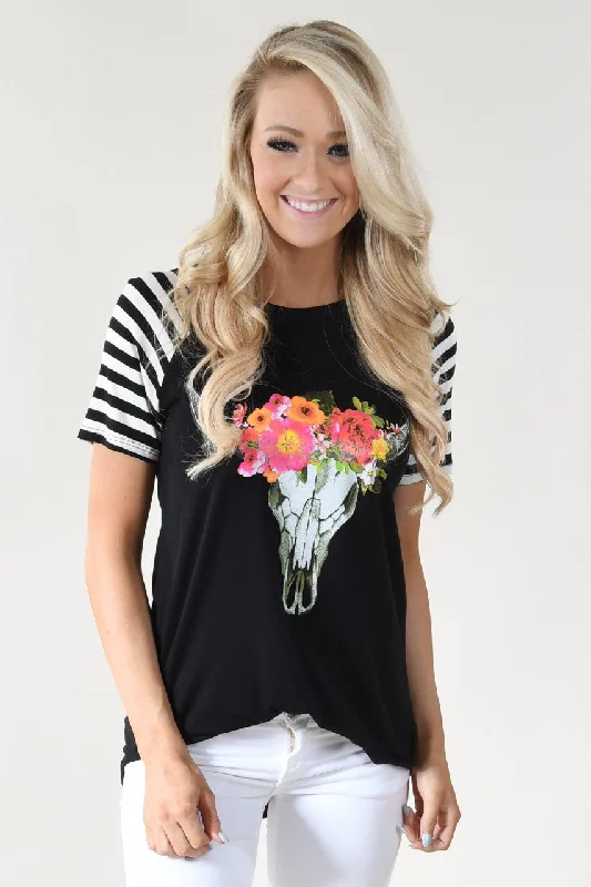 Huge Discounts This Week Black - Floral Skull Top