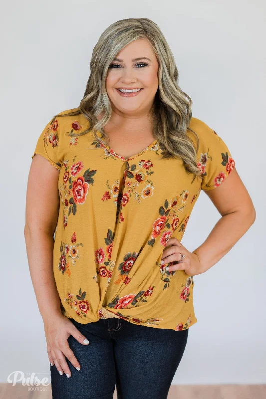 Feminine Luxe Style Sale Once in a Lifetime Floral Knot Top- Golden Yellow