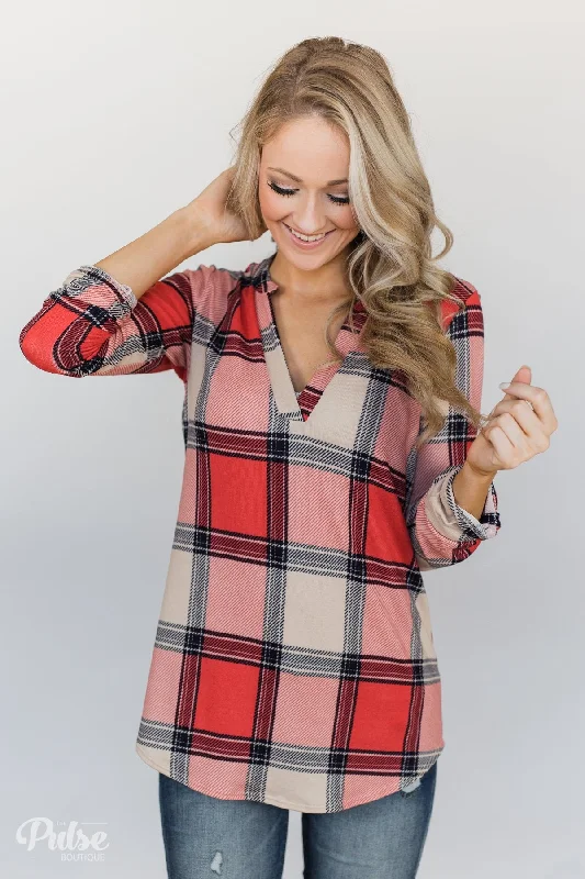 Daring Fashion Promotions Lunch Date Plaid V-Neck Top- Red, Oatmeal, Navy