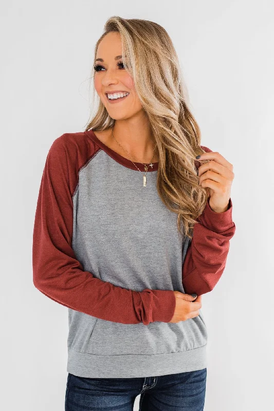 End-Of-Week Exclusive Deals Never Let Me Go Raglan Top- Grey & Rust