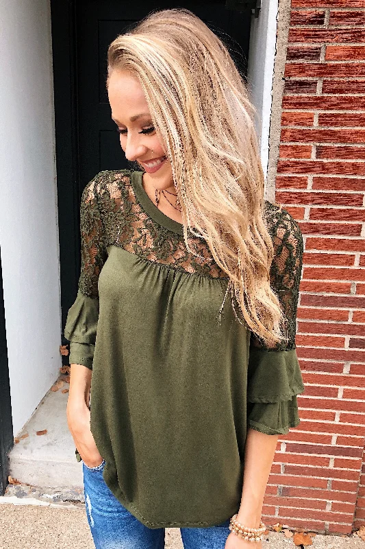 Premium Style Right Beside Me Lace & Ruffles Top- Olive