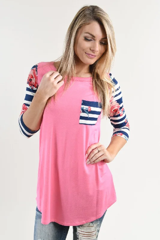 Affordable Trendy Fashion Pink Floral Striped Sleeve Top