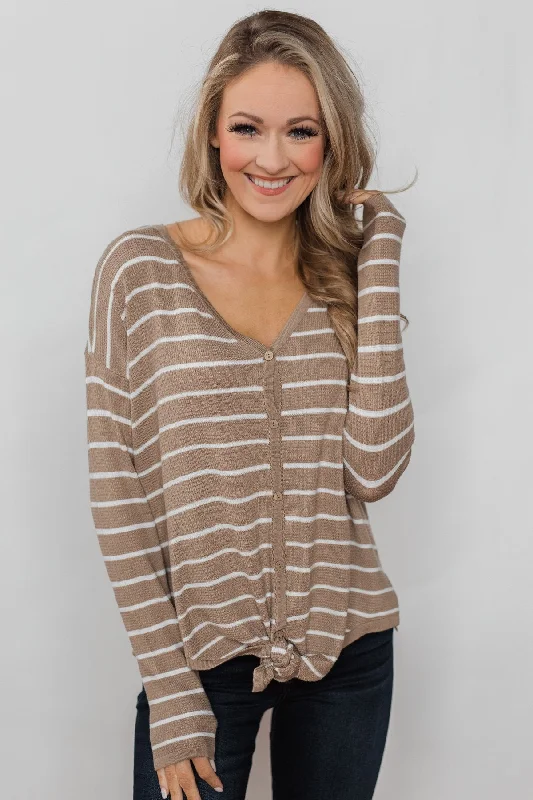 Unleash Your Trend Driven Style Simple Occasion Striped Button Top- Taupe