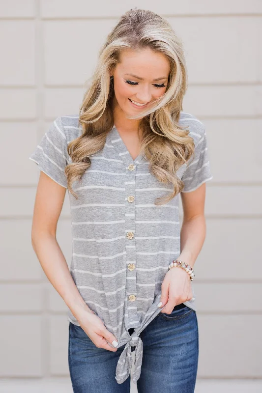 Weekend Markdown Madness Stunning in Stripes Tie Top- Grey