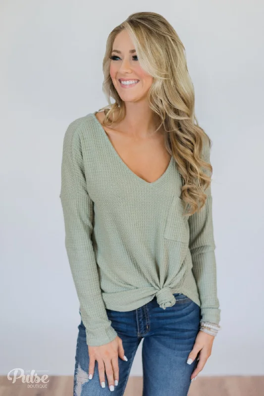 Vibrant Style Promotions Precious Time Waffle Pocket Top- Sage