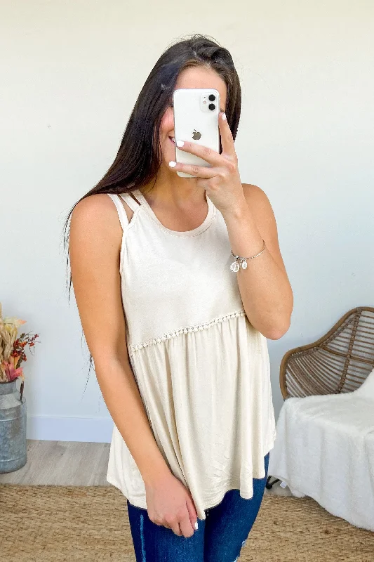 New In This Season Three Strap Babydoll Top- Beige