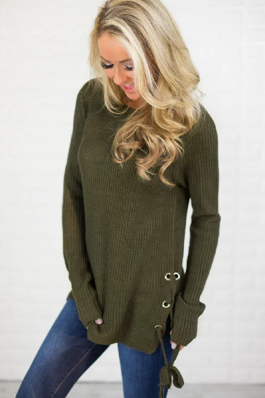 Stock Up On Your Favorites While It Lasts Olive Side Lace Up Top