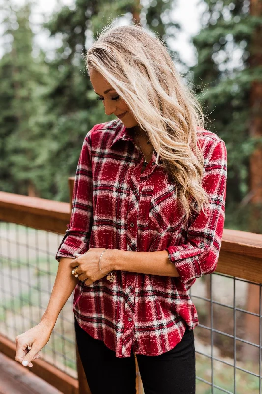 Shop The Hottest Deals Saying Hello Flannel Button Up Top- Red