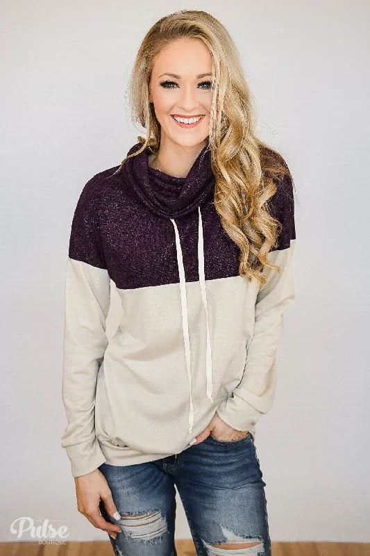 The Good Stuff Sparkle Where You Are Cowl Neck Top- Eggplant & Beige