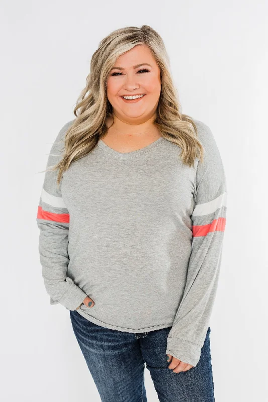 Exclusive Discount Casual Cutie V-Neck Top- Grey & Coral