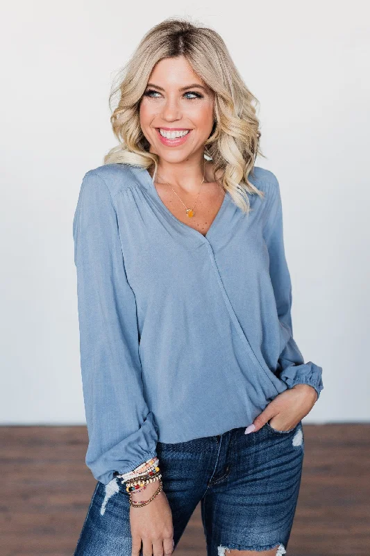 Exclusive Prices For A Limited Time Love Will Find You V-Neck Wrap Top- Denim Blue