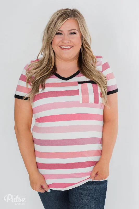 New Season Fashion Preview Sale Lessons In Love Striped Pocket Top- Shades of Pink