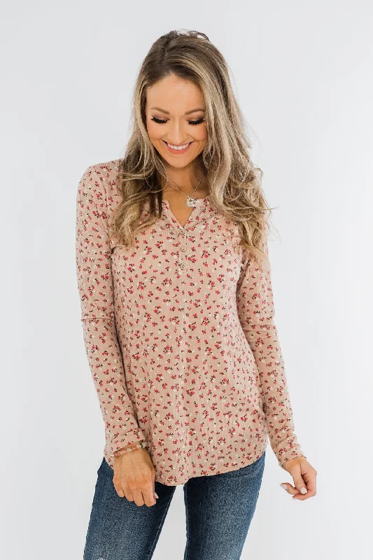 Get More, Spend Less Time To Bloom Floral Henley Top- Taupe