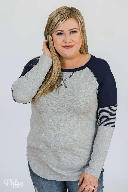 Limited-Time Weekend Offers Hold on Tight Striped Sleeve Top- Heather Grey & Navy