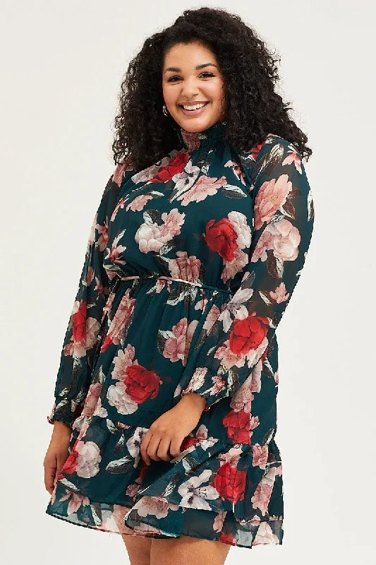New Season Fashion Preview Sale Floral Print Sleeve High Neck Long