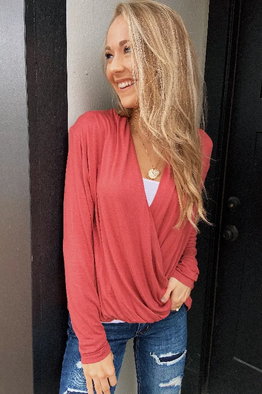 Cool Prices Can't Help This Feeling Front Wrap Top- Rusty Mauve