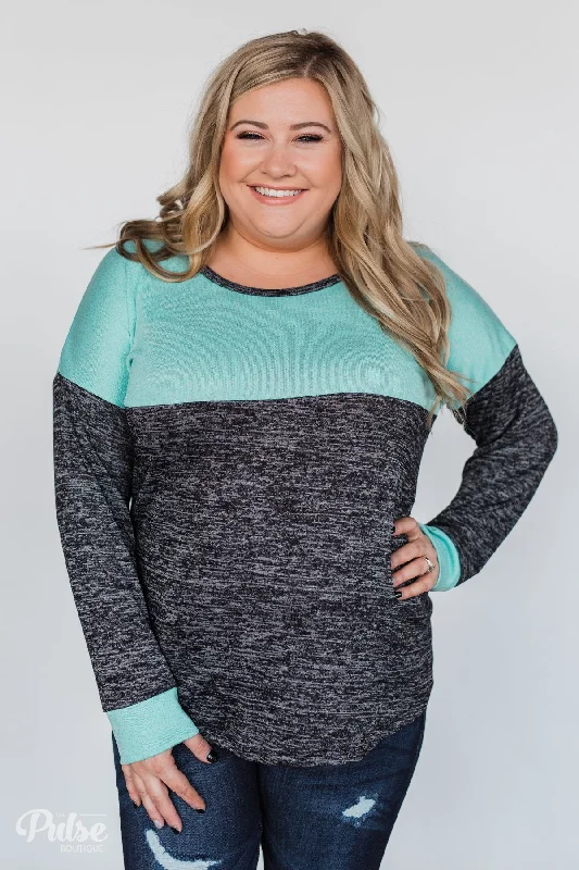 Get Ready To Save Like Never Before Good Feeling Color Block Top- Light Blue & Charcoal