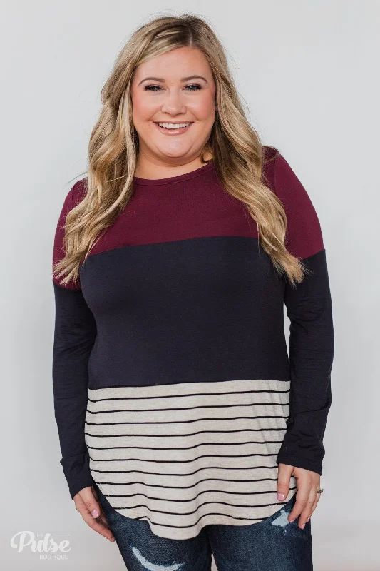 Exclusive Styles, Exclusive Discounts Party in the Back Lace Detail Top- Maroon & Navy