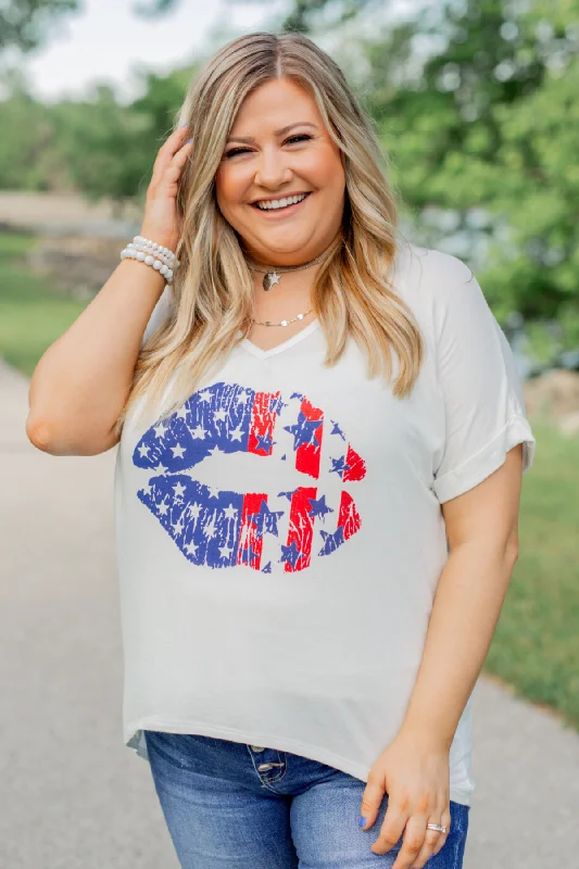 Fashion Sale American Flag Lip Graphic Top- Ivory