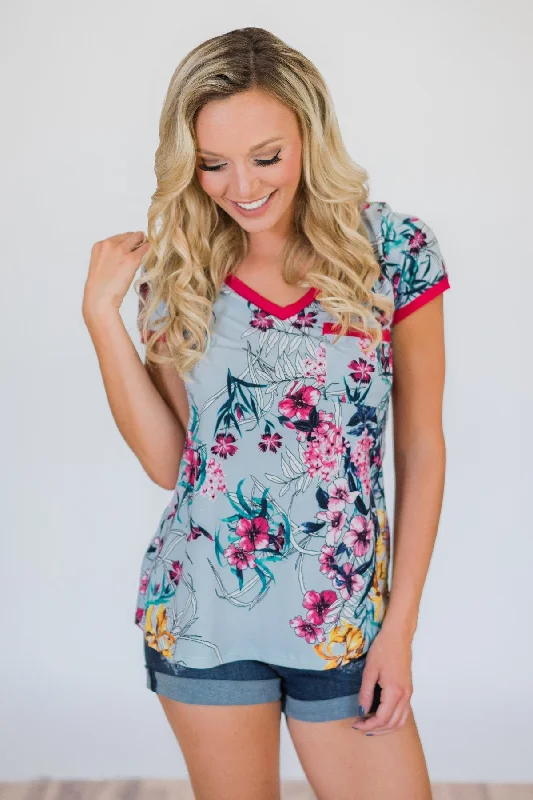 Seasonal Clearance Work of Art Floral Pocket Top- Light Blue