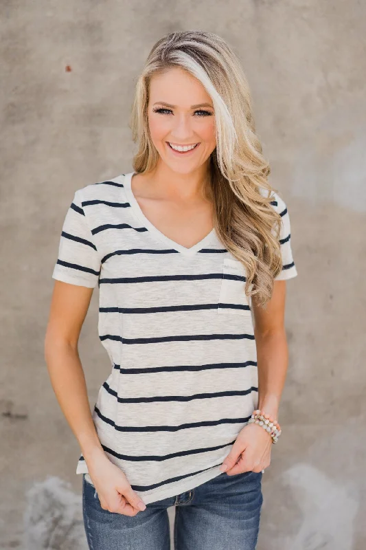 The Perfect Time To Shop And Save Side to Side Striped Pocket Top- Navy