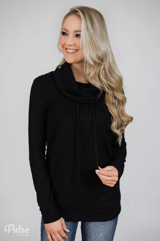 Fashion-Forward Solid Black Soft Cowl Neck Top