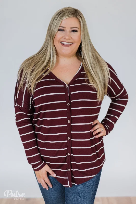 Your Exclusive Discount Awaits Caught Up to You Long Sleeve Striped Top- Burgundy