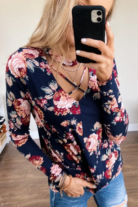 Trend Leading Collection See You Later Criss Cross Floral Top- Navy