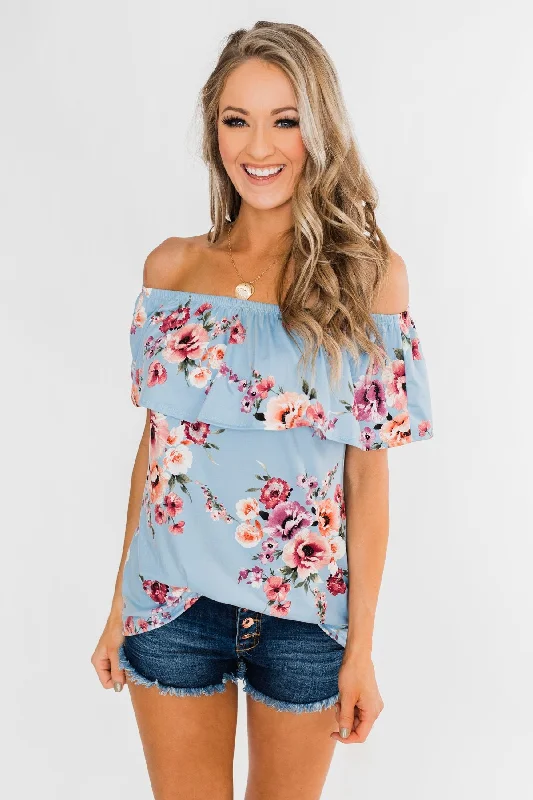 Quick Grab Deals Island Beauty Off The Shoulder Floral Top- Sky Blue