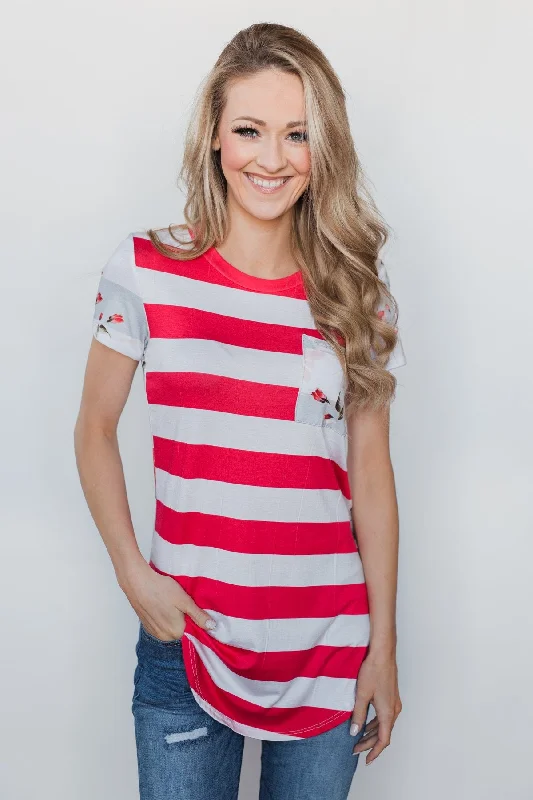 Flash Sale, Don't Miss Dare to be Bold Floral & Stripes Top - Bright Strawberry
