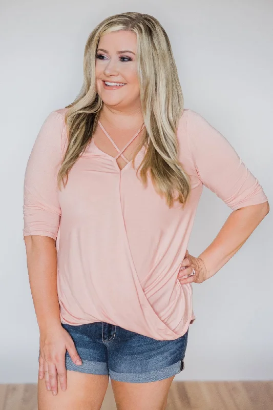 Exclusive Discount Cross My Heart 3/4 Sleeve Wrap Top- Blush