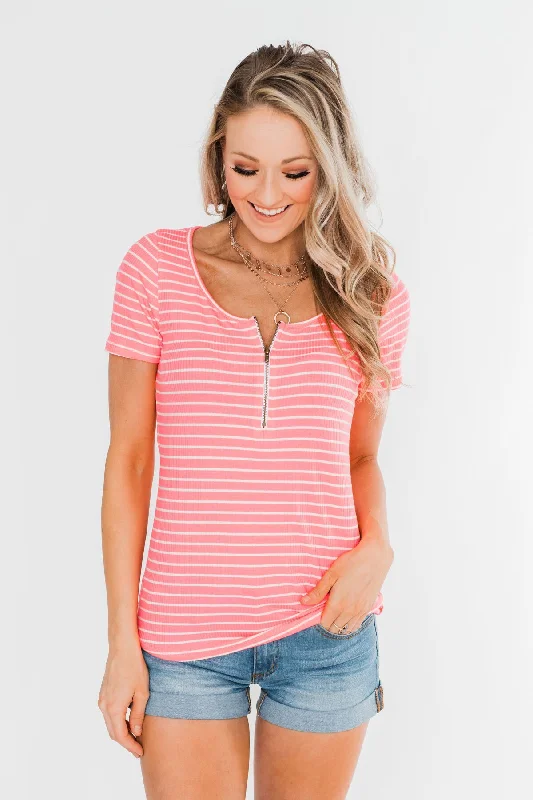 Relaxed Style Deals Short Sleeve Neon Zipper Top- Pink