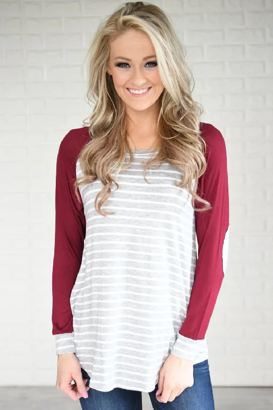 New Styles Just In Maroon Striped Elbow Patch Top