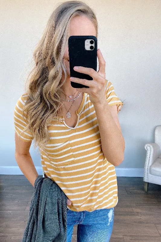 Style Without Limits This is Me Striped Notch Pocket Top- Golden Yellow & Ivory